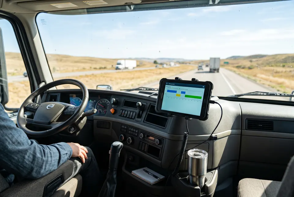 A logging device clipped to the dashboard of a truck running an open interstate in daylight.