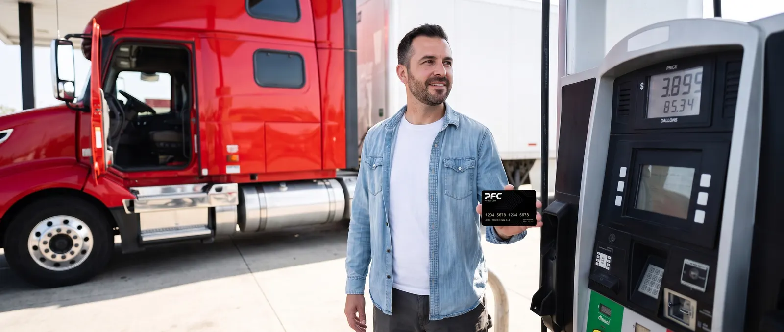 A driver in a denim shirt holding the black Pro Fuel Card beside his truck at the pump on a clear day.