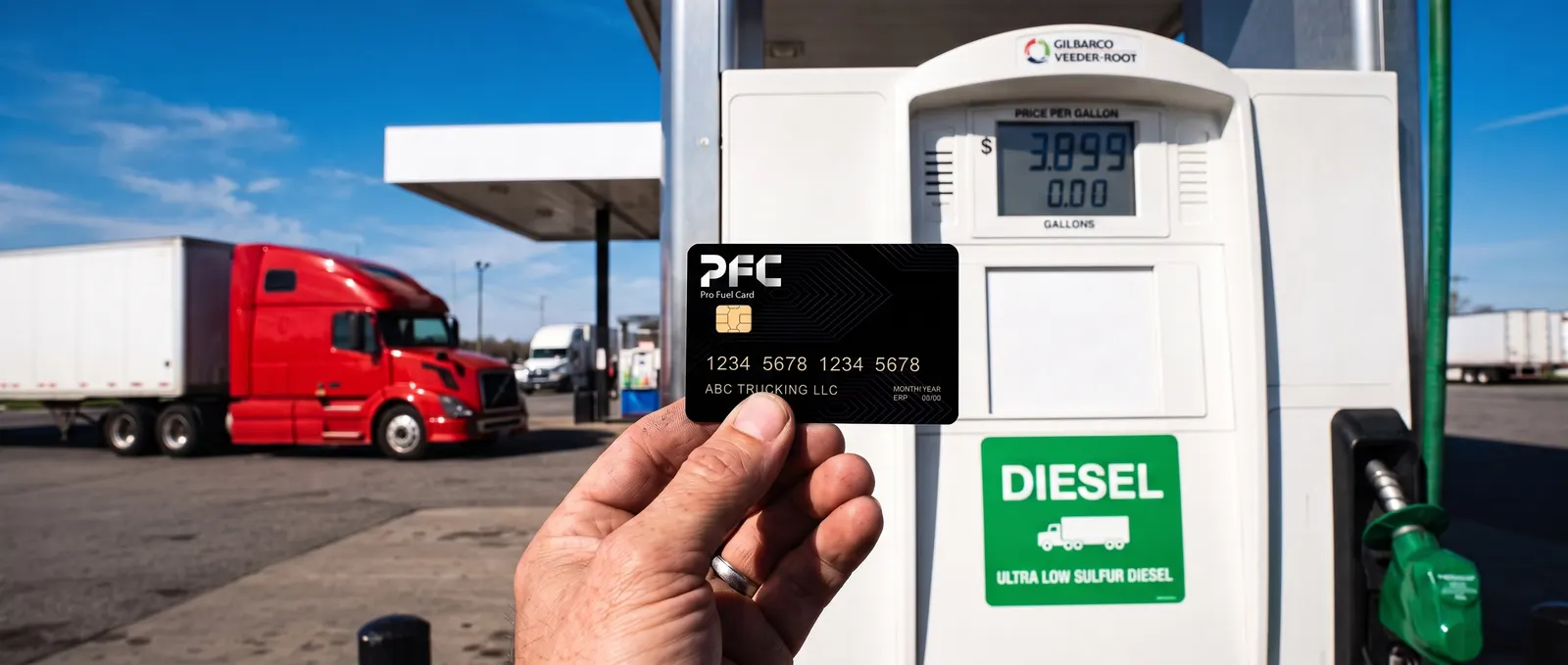 A hand holding up the black Pro Fuel Card at a diesel pump on a sunny day, a red truck at the next island.