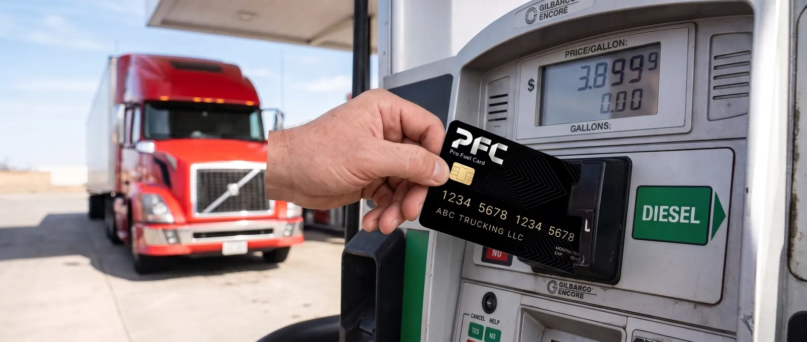 A hand putting the black Pro Fuel Card into a diesel pump on a bright day, the price display reading $3.899, a red truck behind.