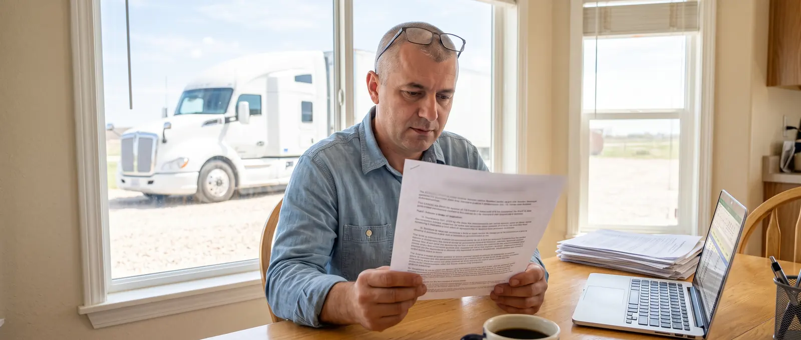 An owner-operator at his kitchen table reading a federal notice, his tractor parked outside the window.
