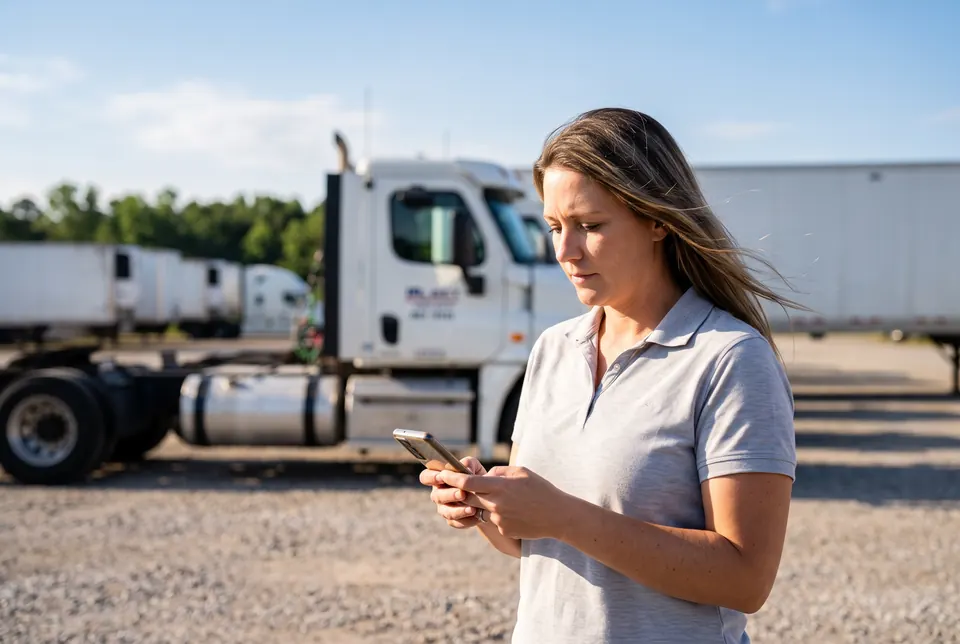 A dispatcher checking her phone in a sunlit yard, a tractor and a line of trailers behind her.