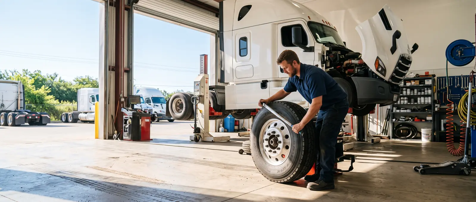A technician fitting a tyre to a tractor wheel in an open service bay, daylight across the floor.