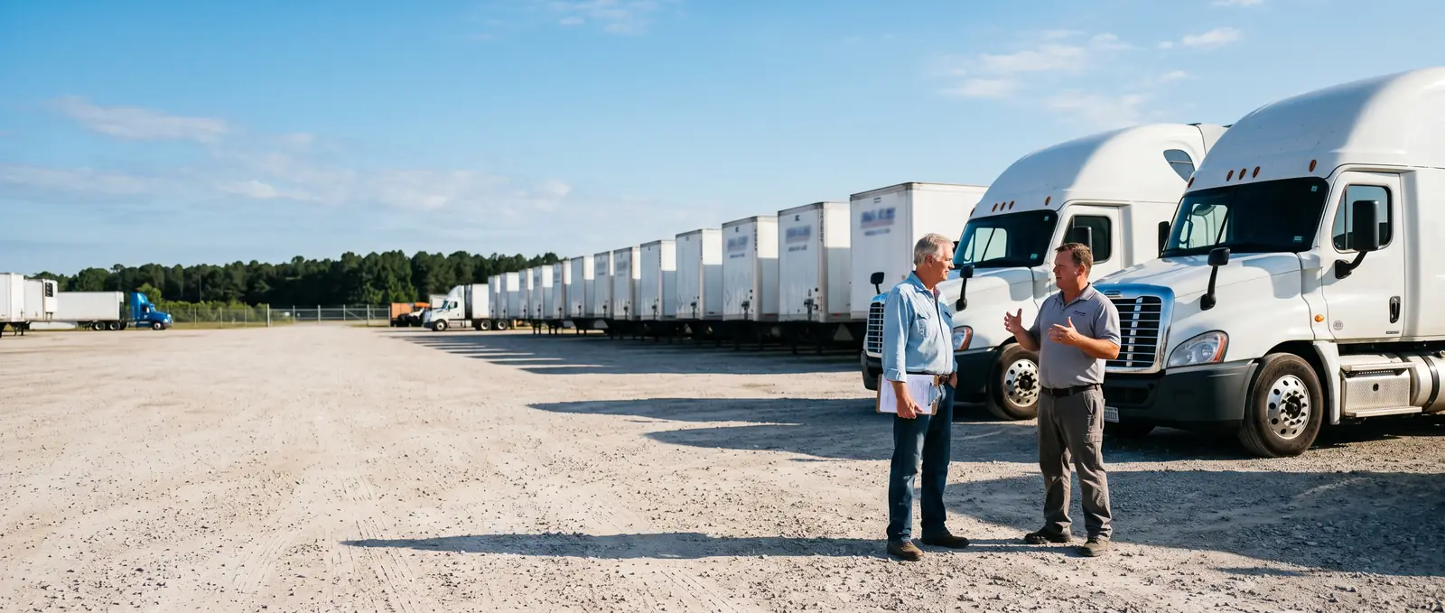 Two carriers talking beside their trucks in a sunlit yard, a line of trailers behind them.